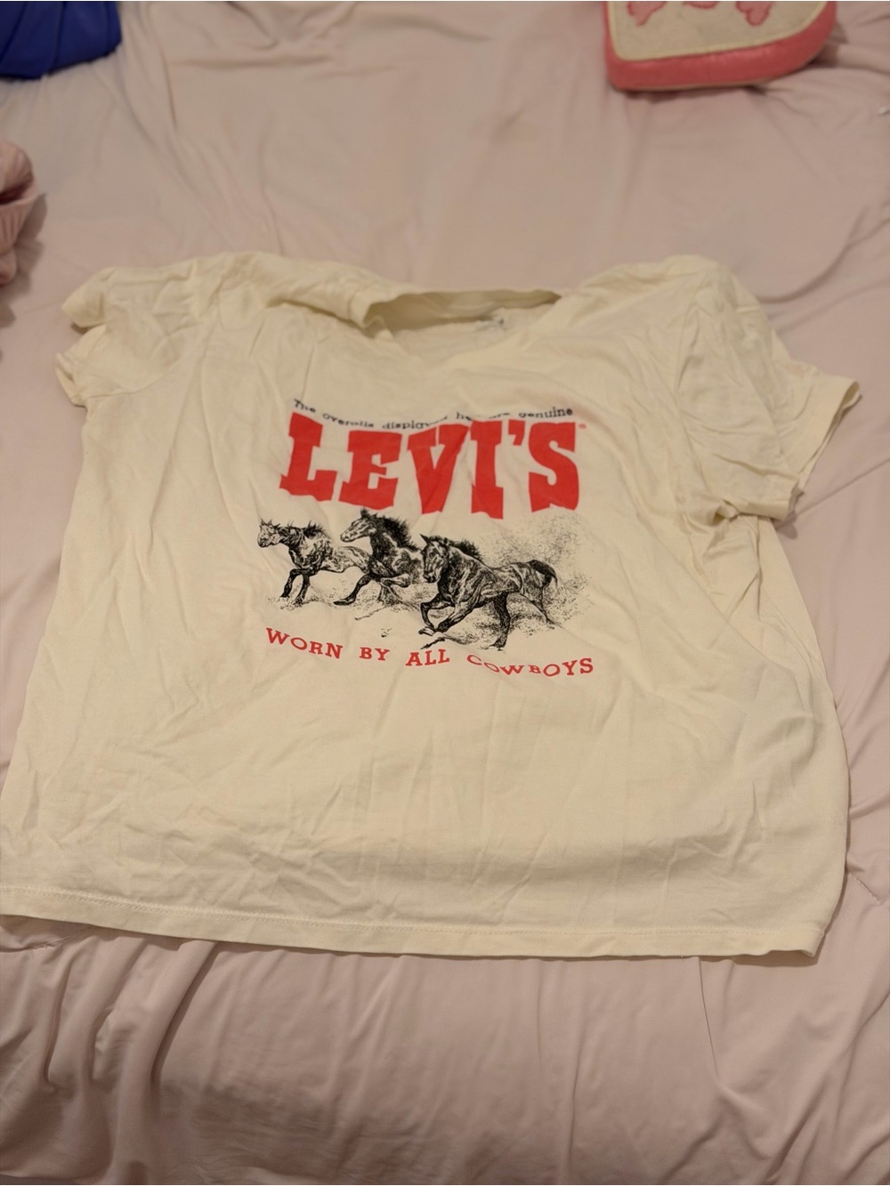 Levi's Cream Short Sleeve Tee with Red Logo and Horse Graphic